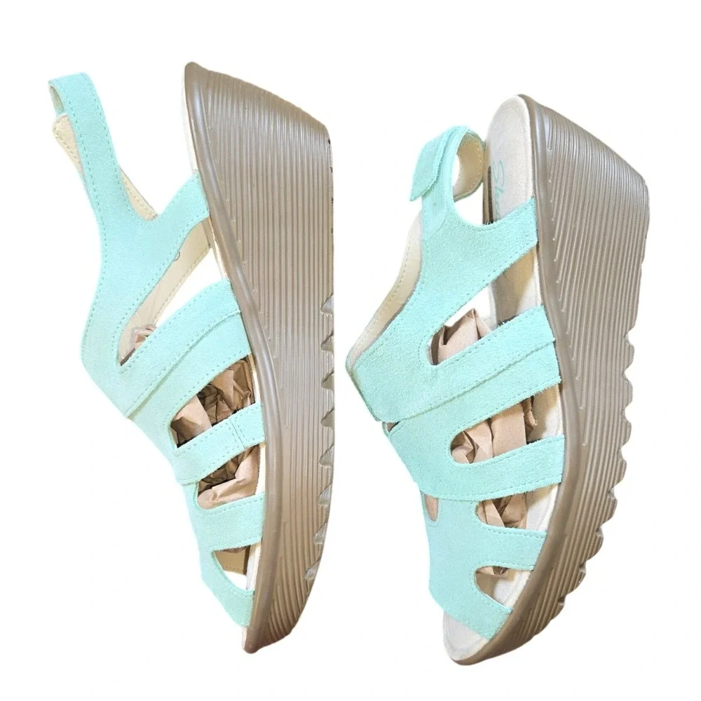 Skechers Memory Foam Wedge Sandals‎ Strappy Aqua Casual Comfort Womens